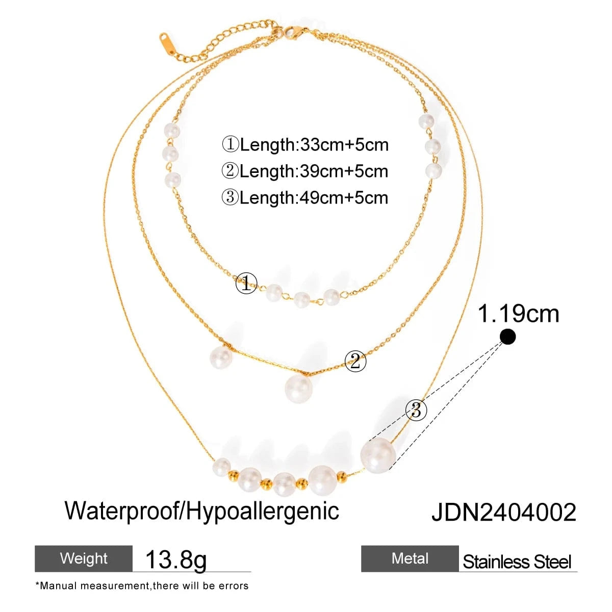 TRENDY / 41.5+5.5cm / N2147 N2147 18K Gold Plated Stainless Steel Three-layer Imitation Shijia Pearl Necklace, 35/40/50+5cm