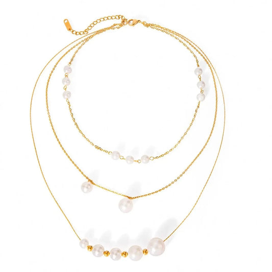 TRENDY / 41.5+5.5cm / N2147 N2147 18K Gold Plated Stainless Steel Three-layer Imitation Shijia Pearl Necklace, 35/40/50+5cm