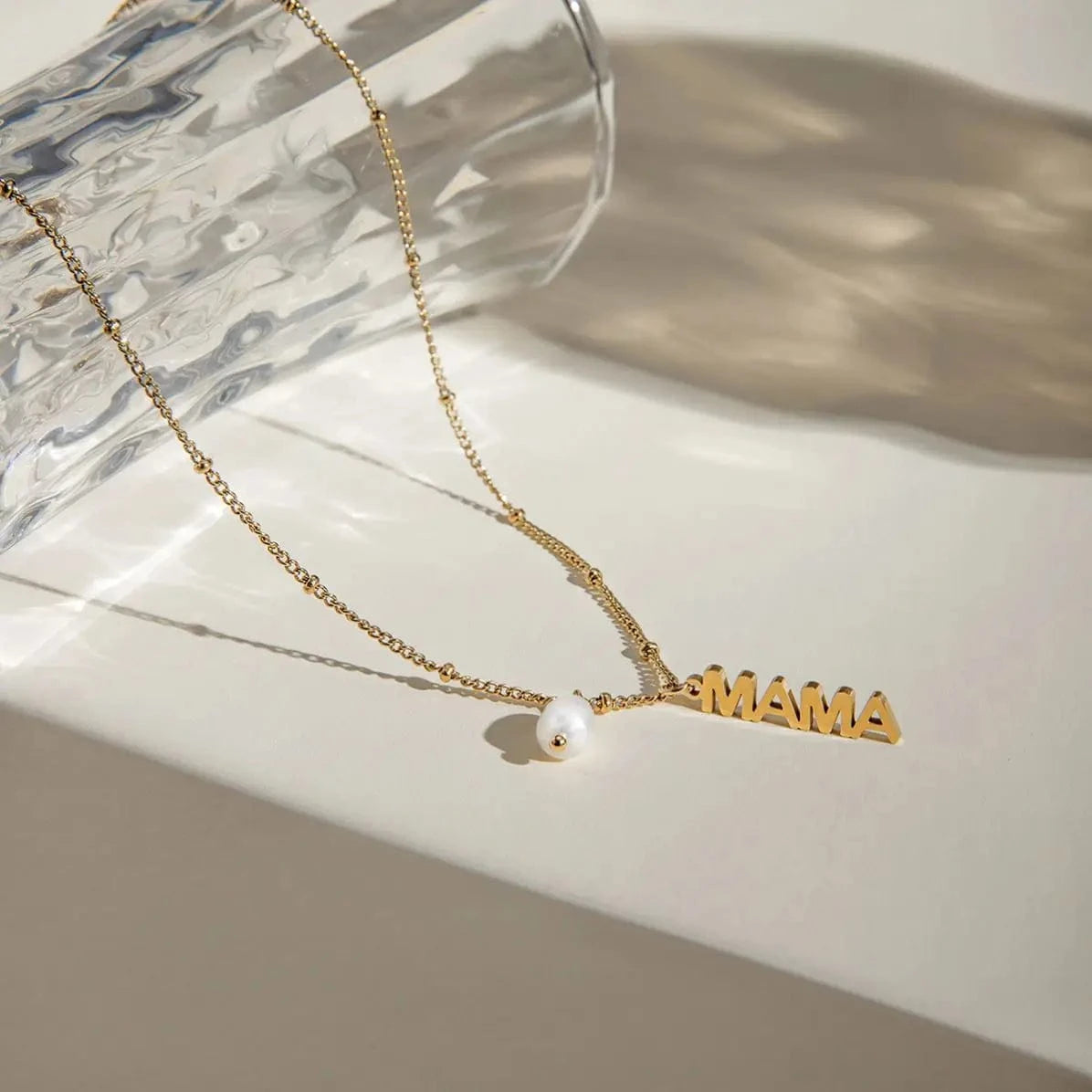 TRENDY / 41.5+5.5cm / N2148 N2148 18K Gold Plated Stainless Steel Mother's Day MAMA Letter Hanging Freshwater Pearl Pendant Necklace, 40+5cm