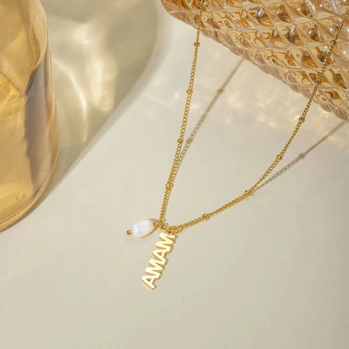 TRENDY / 41.5+5.5cm / N2148 N2148 18K Gold Plated Stainless Steel Mother's Day MAMA Letter Hanging Freshwater Pearl Pendant Necklace, 40+5cm