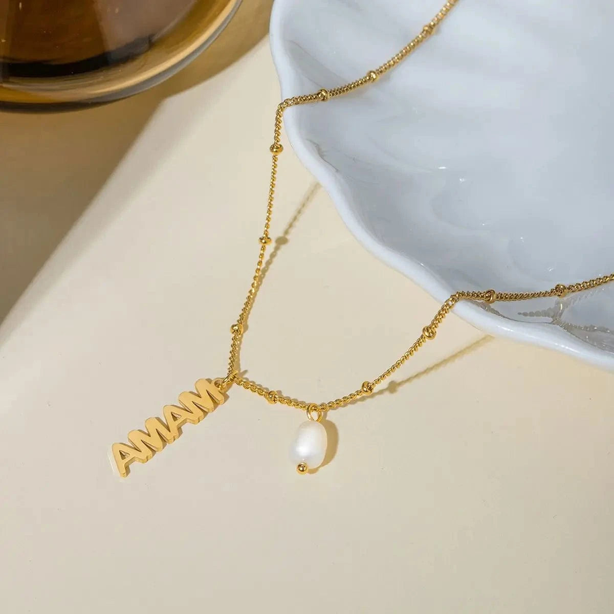 TRENDY / 41.5+5.5cm / N2148 N2148 18K Gold Plated Stainless Steel Mother's Day MAMA Letter Hanging Freshwater Pearl Pendant Necklace, 40+5cm