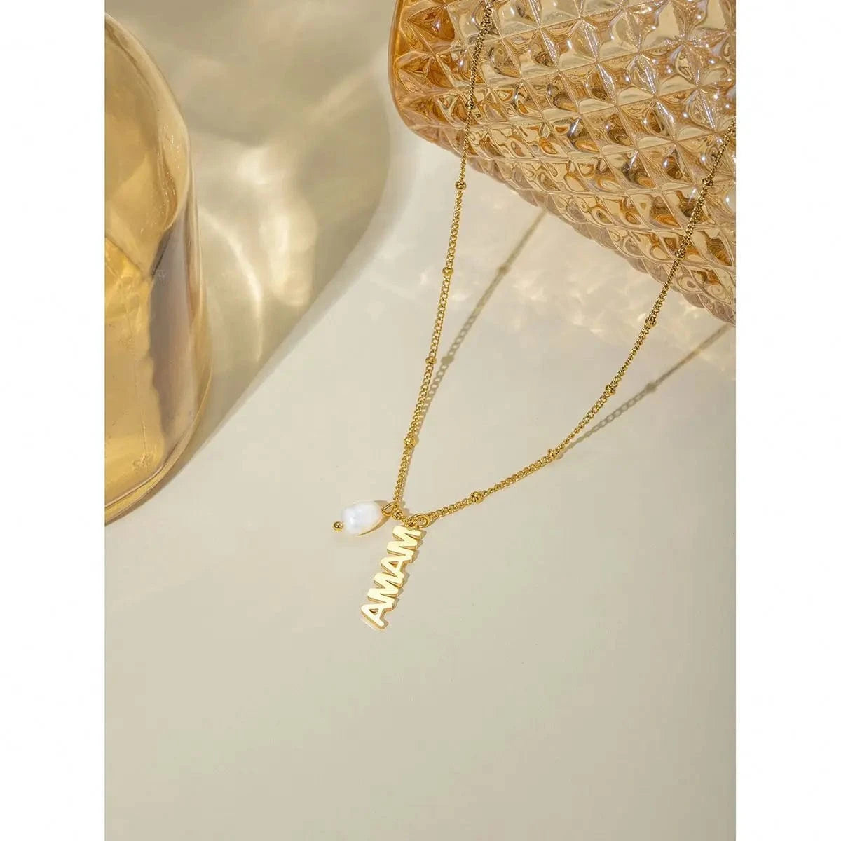 TRENDY / 41.5+5.5cm / N2148 N2148 18K Gold Plated Stainless Steel Mother's Day MAMA Letter Hanging Freshwater Pearl Pendant Necklace, 40+5cm