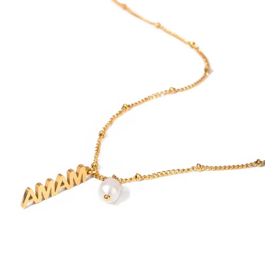 TRENDY / 41.5+5.5cm / N2148 N2148 18K Gold Plated Stainless Steel Mother's Day MAMA Letter Hanging Freshwater Pearl Pendant Necklace, 40+5cm
