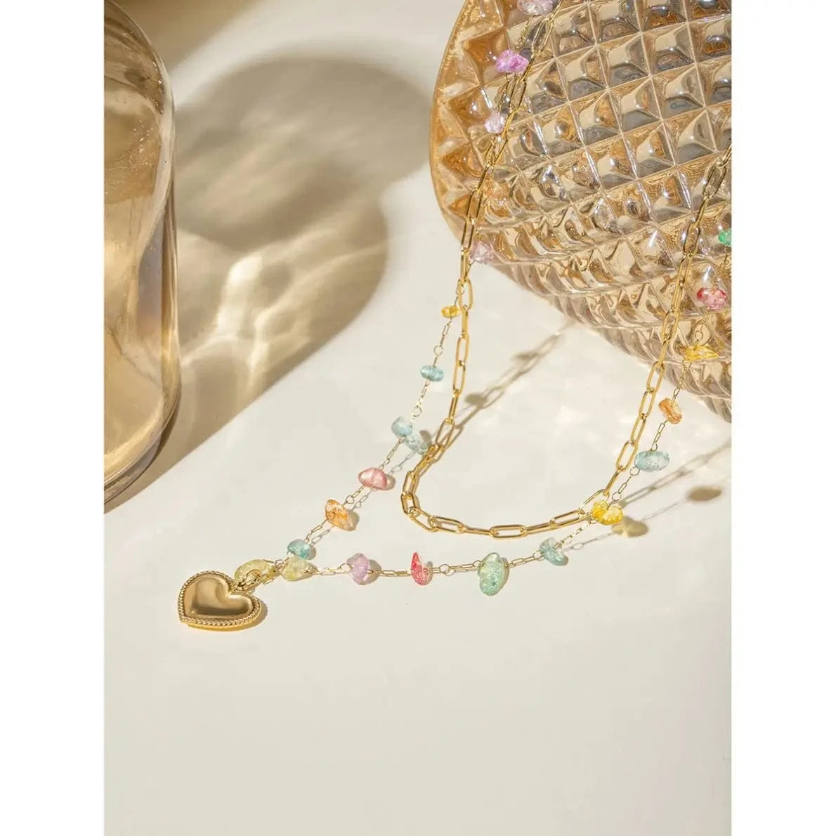 TRENDY / 41.5+5.5cm / N2154 N2154 18K Gold Plated Stainless Steel Double-layer Chain with Heart-shaped Accessory and Colorful Stone Pendant Necklace