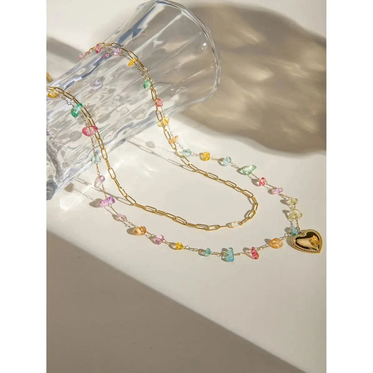 TRENDY / 41.5+5.5cm / N2154 N2154 18K Gold Plated Stainless Steel Double-layer Chain with Heart-shaped Accessory and Colorful Stone Pendant Necklace
