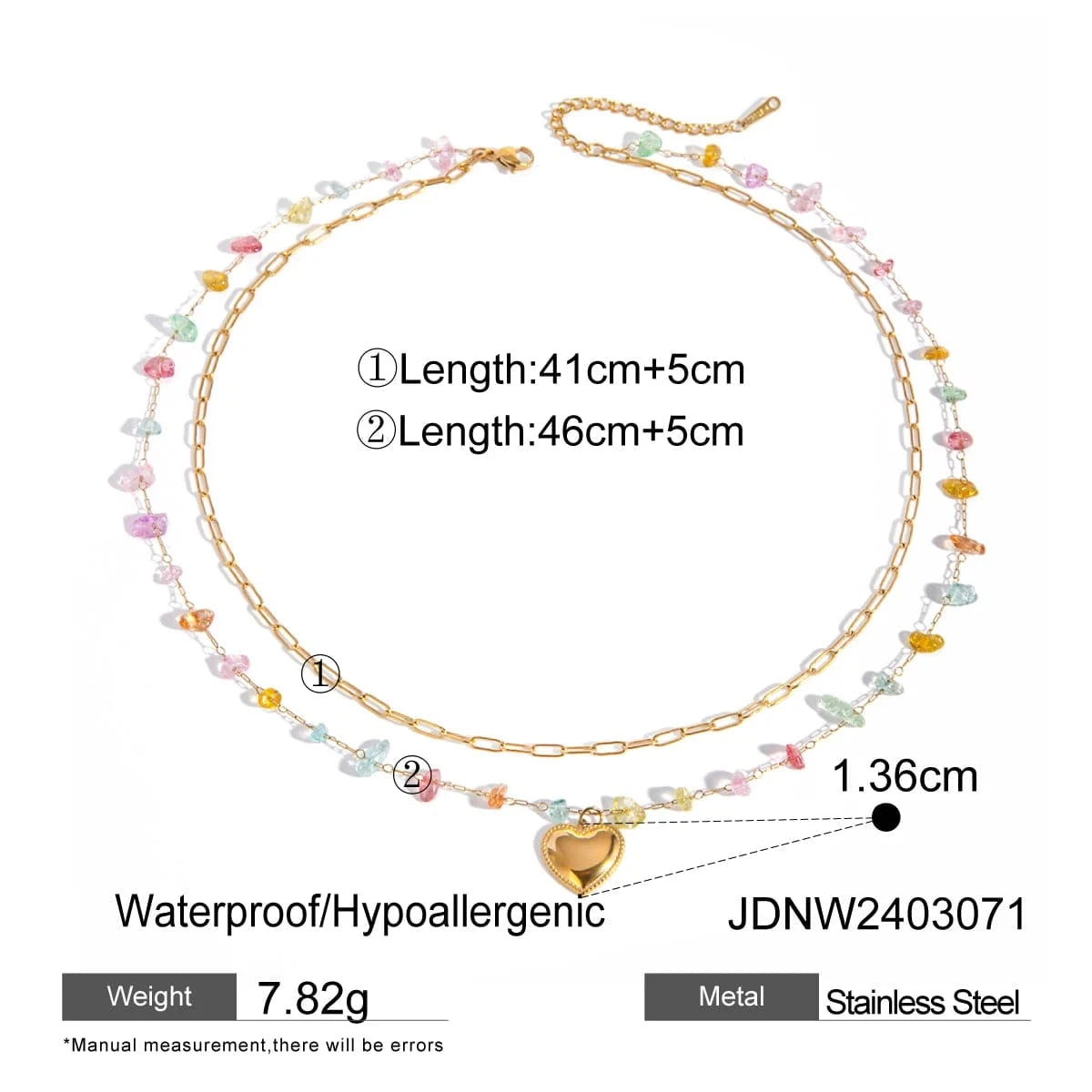 TRENDY / 41.5+5.5cm / N2154 N2154 18K Gold Plated Stainless Steel Double-layer Chain with Heart-shaped Accessory and Colorful Stone Pendant Necklace