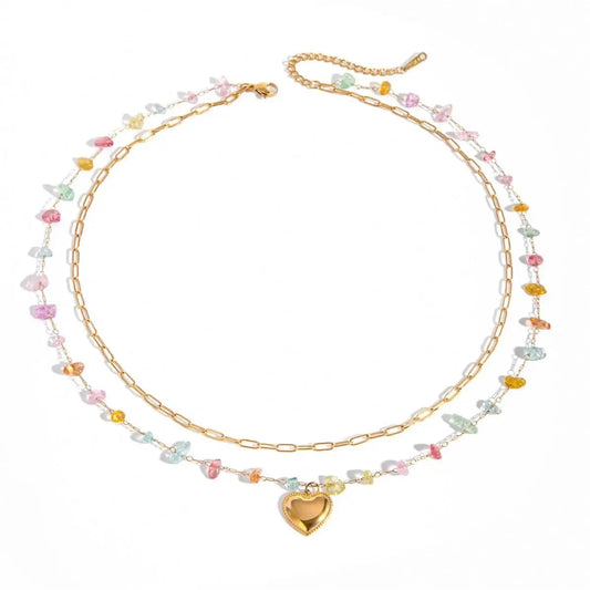 TRENDY / 41.5+5.5cm / N2154 N2154 18K Gold Plated Stainless Steel Double-layer Chain with Heart-shaped Accessory and Colorful Stone Pendant Necklace
