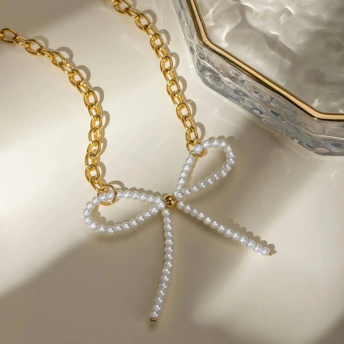 TRENDY / 41.5+5.5cm / N2157 N2157 18K Gold Plated Stainless Steel Glass Pearl Bow Necklace 35+5cm