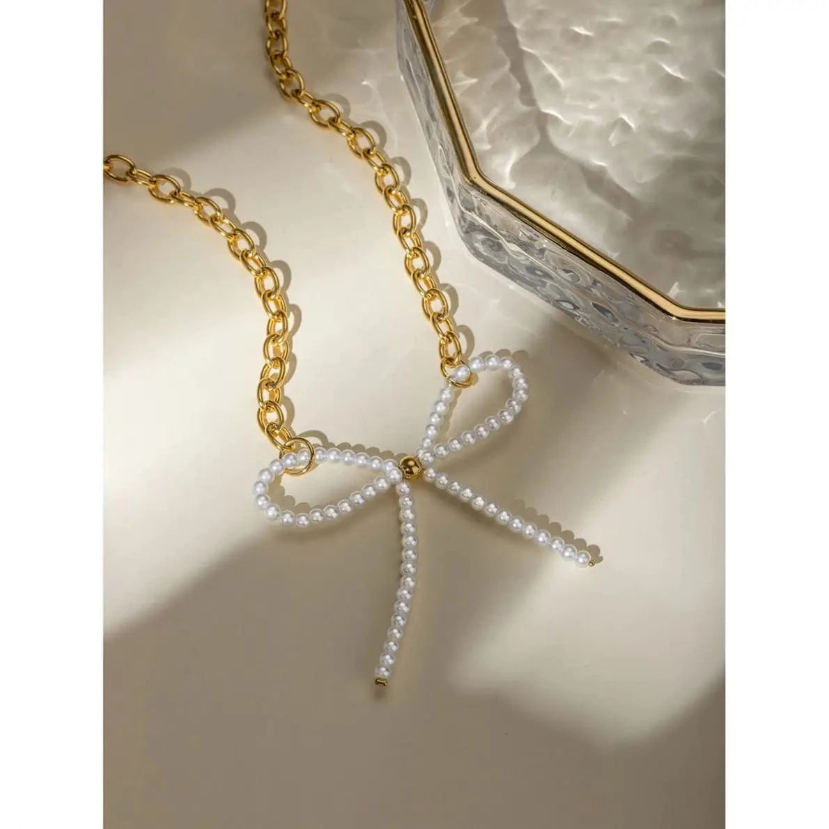 TRENDY / 41.5+5.5cm / N2157 N2157 18K Gold Plated Stainless Steel Glass Pearl Bow Necklace 35+5cm