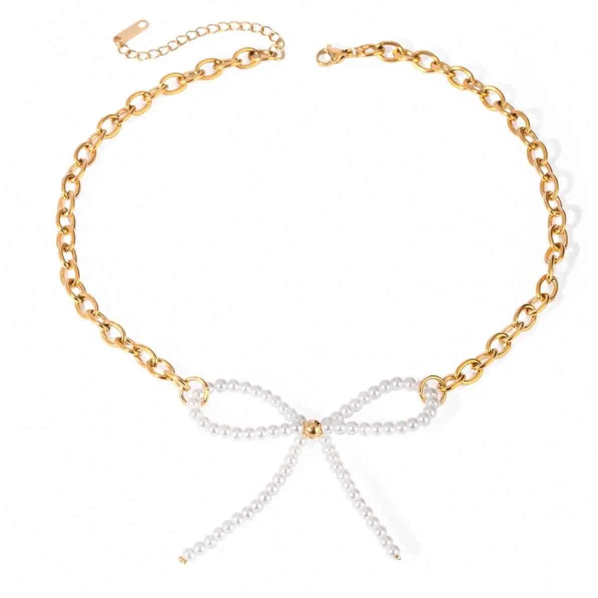 TRENDY / 41.5+5.5cm / N2157 N2157 18K Gold Plated Stainless Steel Glass Pearl Bow Necklace 35+5cm