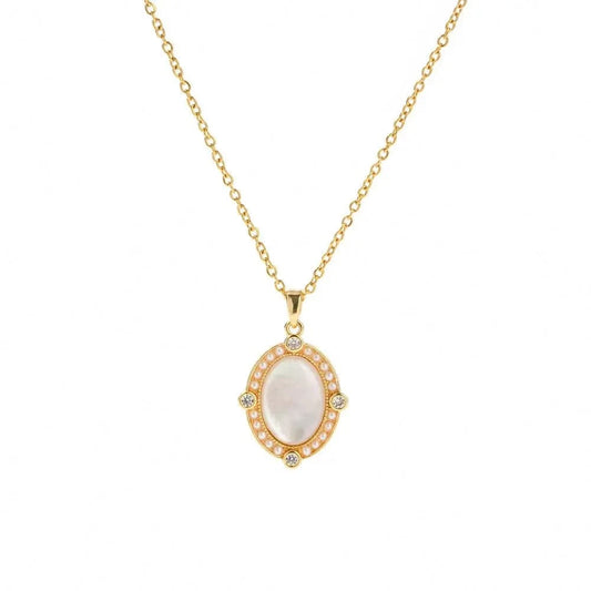 TRENDY / 41.5+5.5cm / N2239 N2239 Oval White Shell Zircon Inlaid Pendant Necklace 18K PVD Gold Plated Stainless Steel Link Chain Drop Necklace For Women