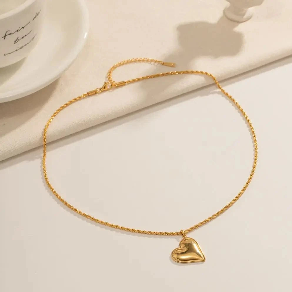 TRENDY / 44.5+5.5cm / N2263 N2263 Retro Smooth Heart Pendant Necklace 18K Stainless Steel Real Gold Plated Twist Rope Chain Drop Necklace