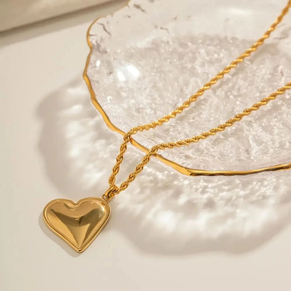 TRENDY / 44.5+5.5cm / N2263 N2263 Retro Smooth Heart Pendant Necklace 18K Stainless Steel Real Gold Plated Twist Rope Chain Drop Necklace