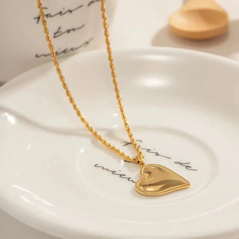 TRENDY / 44.5+5.5cm / N2263 N2263 Retro Smooth Heart Pendant Necklace 18K Stainless Steel Real Gold Plated Twist Rope Chain Drop Necklace