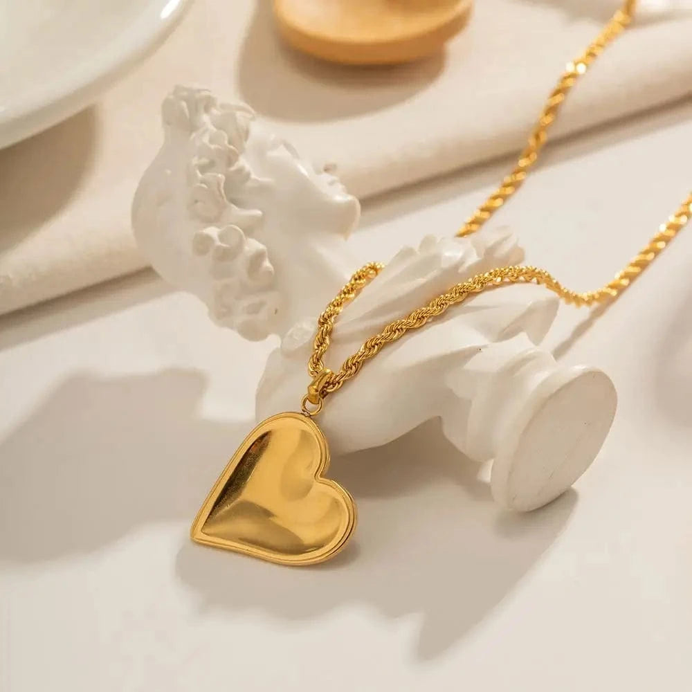 TRENDY / 44.5+5.5cm / N2263 N2263 Retro Smooth Heart Pendant Necklace 18K Stainless Steel Real Gold Plated Twist Rope Chain Drop Necklace