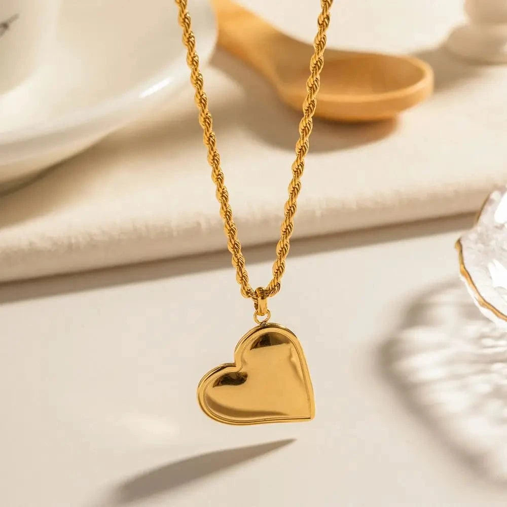 TRENDY / 44.5+5.5cm / N2263 N2263 Retro Smooth Heart Pendant Necklace 18K Stainless Steel Real Gold Plated Twist Rope Chain Drop Necklace