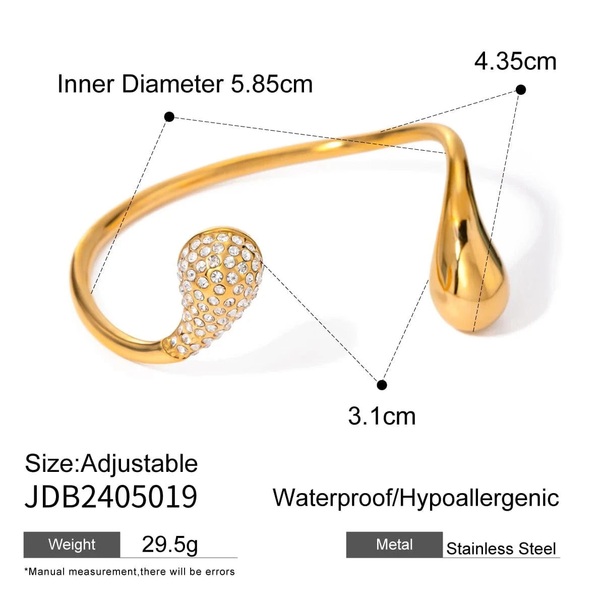 Trendy / 5.85cm / BG873 BG873 18k Gold Stainless Steel Asymmetrical Teardrop Crystal Open Bangle Bracelet