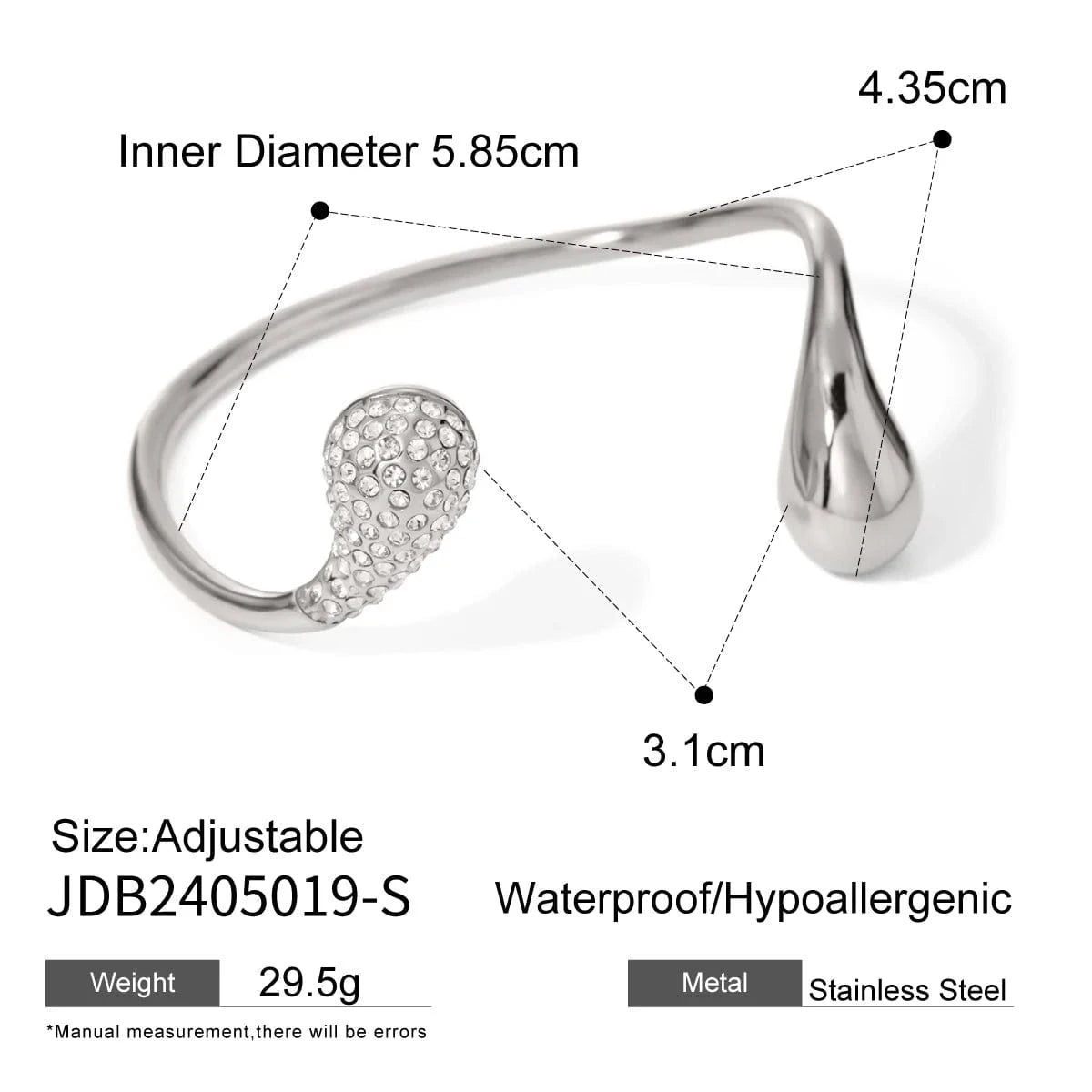 Trendy / 5.85cm / BG873S BG873 18k Gold Stainless Steel Asymmetrical Teardrop Crystal Open Bangle Bracelet