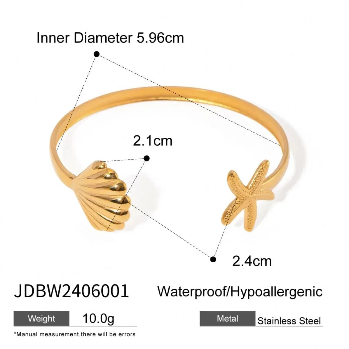 Trendy / 5.96cm / BG874 BG874 18k Gold Stainless Steel Scallop Starfish Open Cuff Bangle Bracelet Beach Jewelry