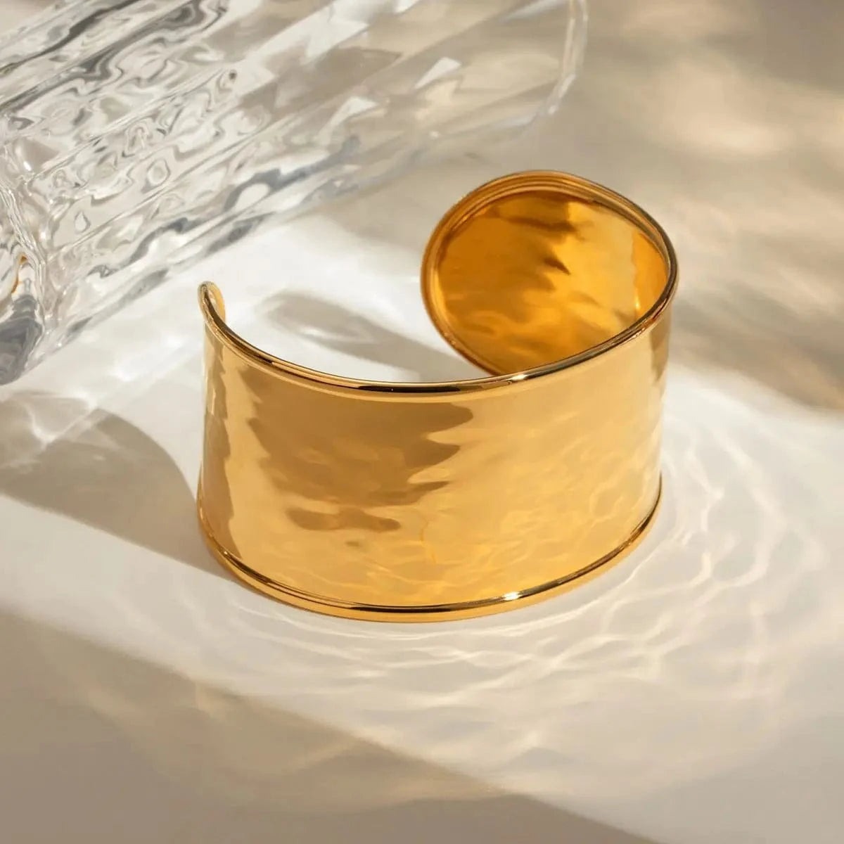 trendy / 6.1cm / BG871 BG871 18K Gold Plated Stainless Steel Wide Hammered Open Bangle Fashion Statement Hypoallergenic Jewelry