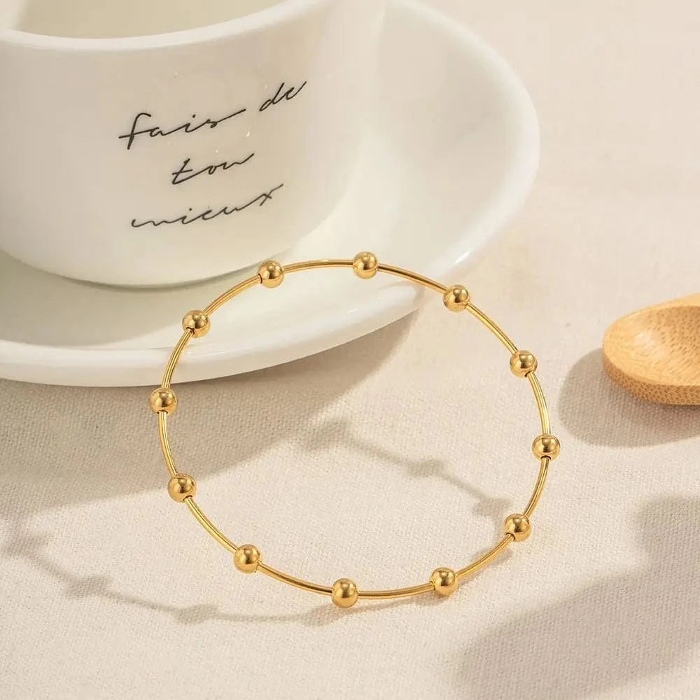 Trendy / 6cm / BG893 BG893 Trendy 18k PVD Gold Plated Stainless Steel Bracelet Jewelry Ball Beads Opening Bangles for Girls