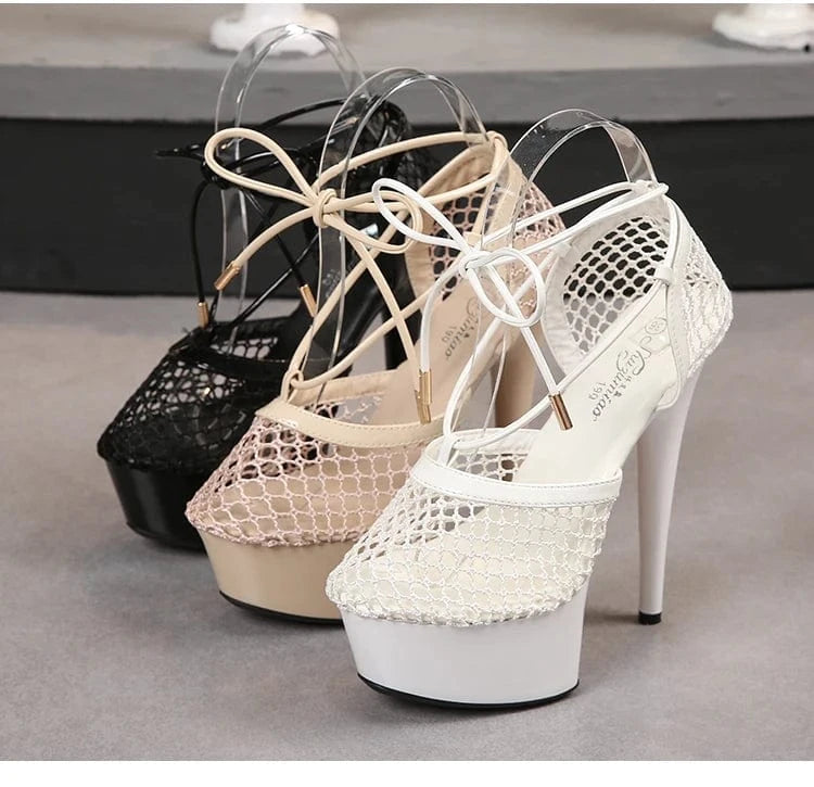Trendy Ankle Wrap Women Platform Shoes 13 CM Stiletto Strippers Mesh Pole Dance High Heels Sandals Sexy