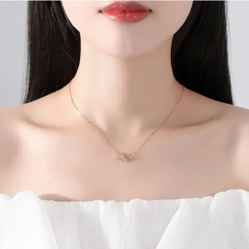 Trendy Dainty Sterling Silver Elegant Women Necklace Gift for Mother CZ Diamond Pendant MOM Letter Necklace with Thin Chain