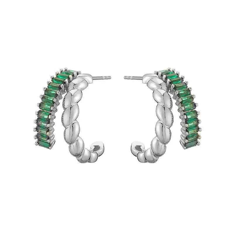 Trendy Double Layer Twisted C Shape Stud Earrings White Green Baguette Zircon 18k Gold Plated Hoop Earrings Women Party Jewelry
