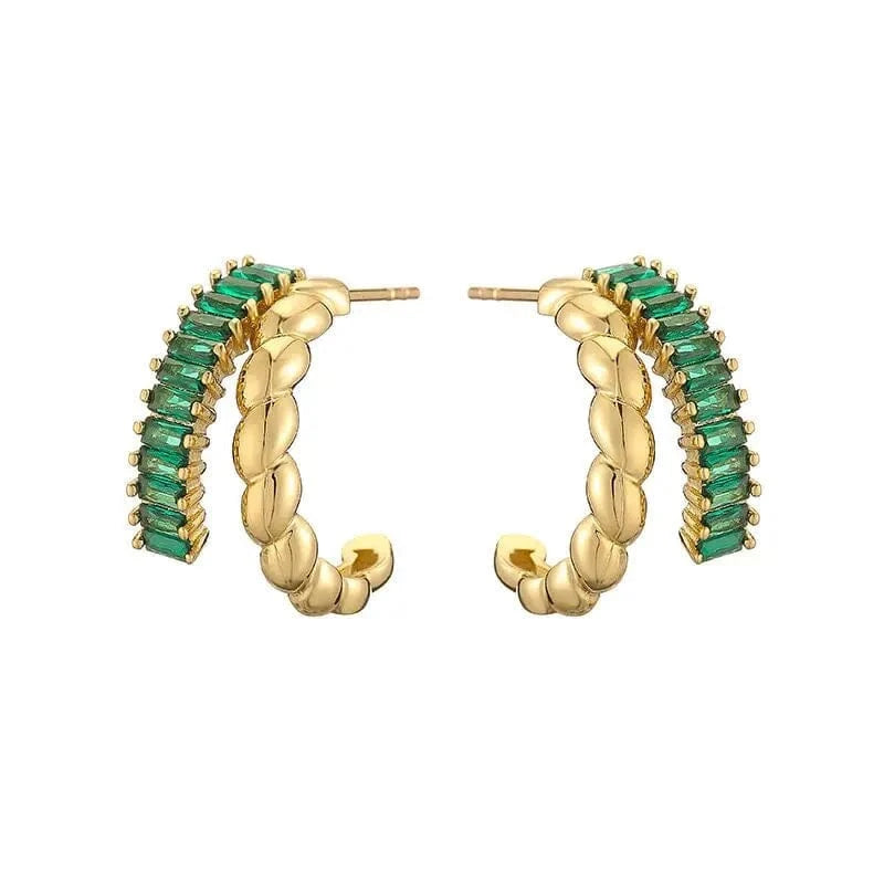 Trendy Double Layer Twisted C Shape Stud Earrings White Green Baguette Zircon 18k Gold Plated Hoop Earrings Women Party Jewelry