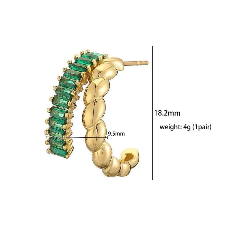 Trendy Double Layer Twisted C Shape Stud Earrings White Green Baguette Zircon 18k Gold Plated Hoop Earrings Women Party Jewelry
