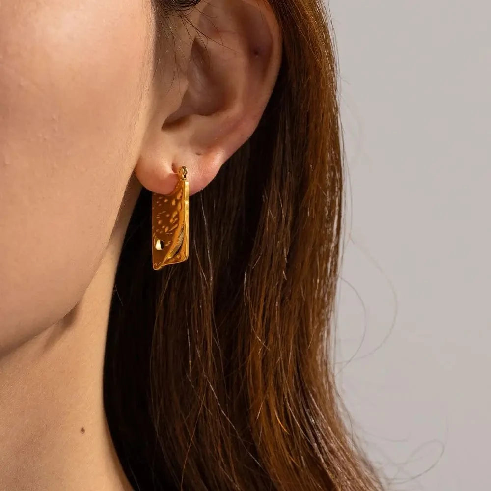 TRENDY / E1893 E1893 Jewelry Square Chunky Pendant Earring 18k PVD Gold Plated Stainless Steel Hammer Drop Earring For Women