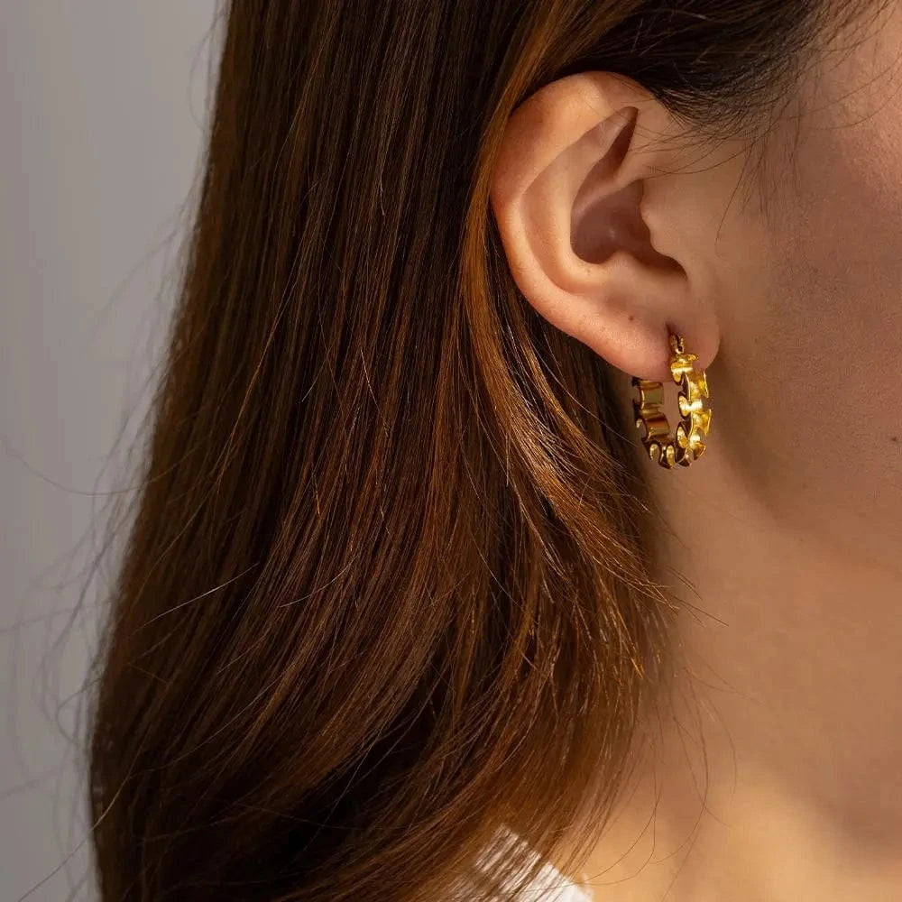 TRENDY / E1923 E1923 Jewelry Hoop Flower Bloom Earring PVD 18k Real Gold Plated Stainless Steel Delicate Hoop Earring For Women