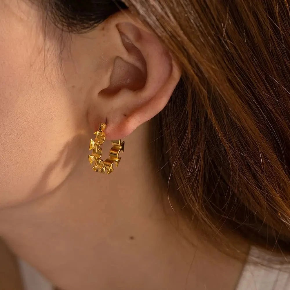 TRENDY / E1923 E1923 Jewelry Hoop Flower Bloom Earring PVD 18k Real Gold Plated Stainless Steel Delicate Hoop Earring For Women
