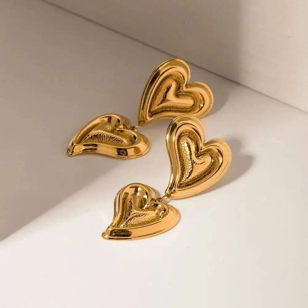 TRENDY / E1924 E1924 Jewelry  Hammer Double Hearts Fashionable Stainless Steel Earrings 18k PVD Gold Plated Pendant Earring