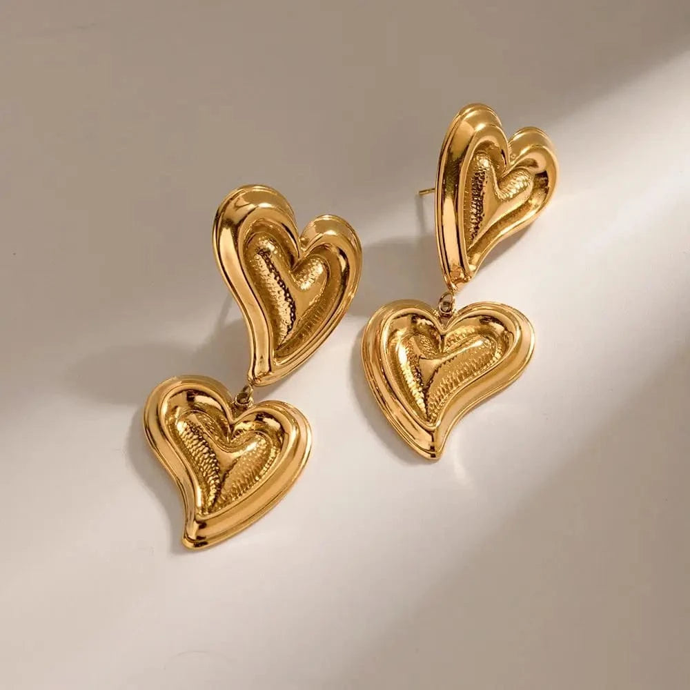 TRENDY / E1924 E1924 Jewelry  Hammer Double Hearts Fashionable Stainless Steel Earrings 18k PVD Gold Plated Pendant Earring