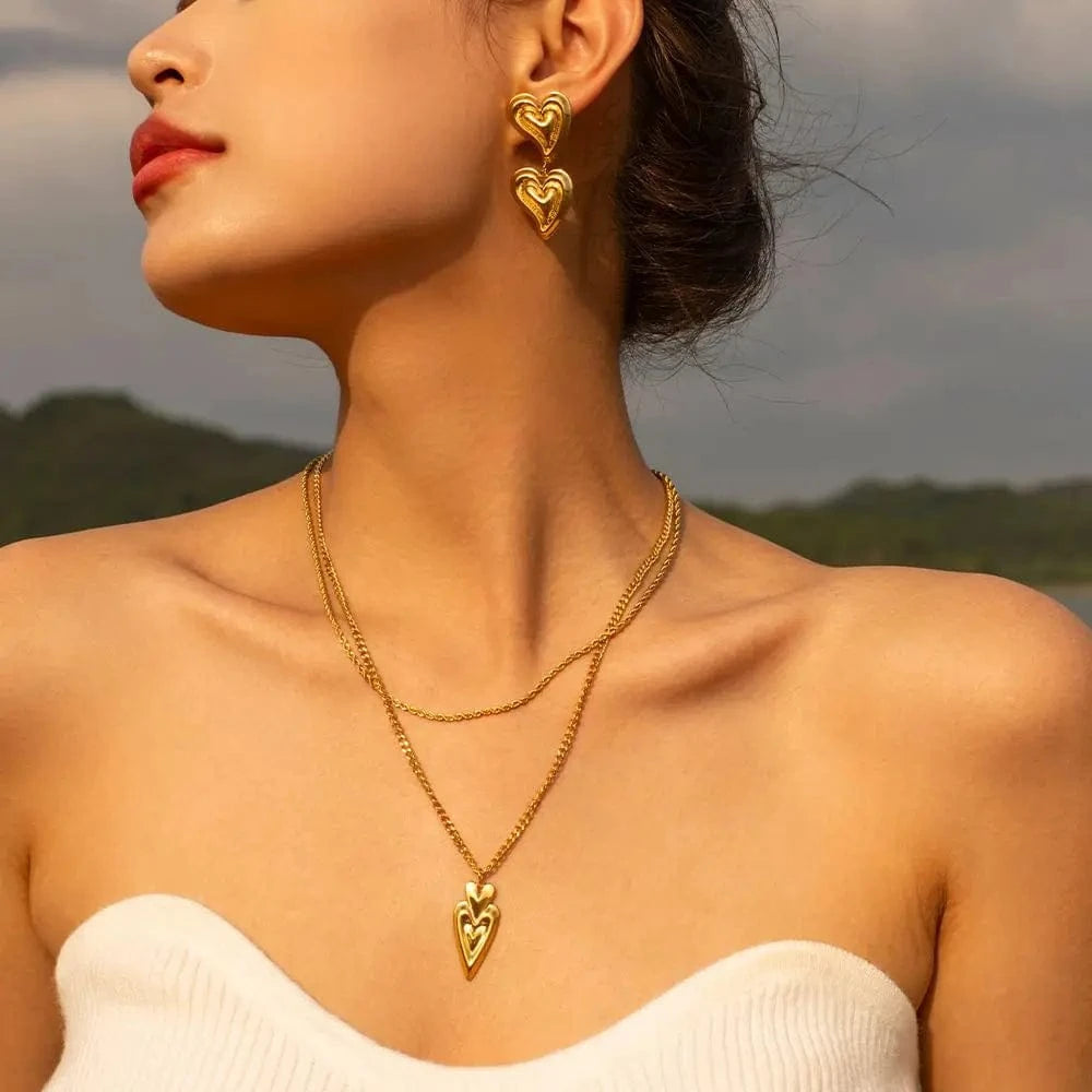 TRENDY / E1924 E1924 Jewelry  Hammer Double Hearts Fashionable Stainless Steel Earrings 18k PVD Gold Plated Pendant Earring