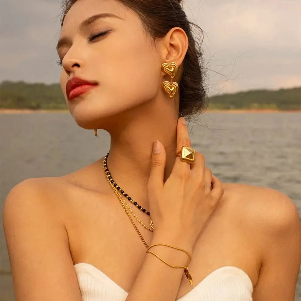 TRENDY / E1924 E1924 Jewelry  Hammer Double Hearts Fashionable Stainless Steel Earrings 18k PVD Gold Plated Pendant Earring