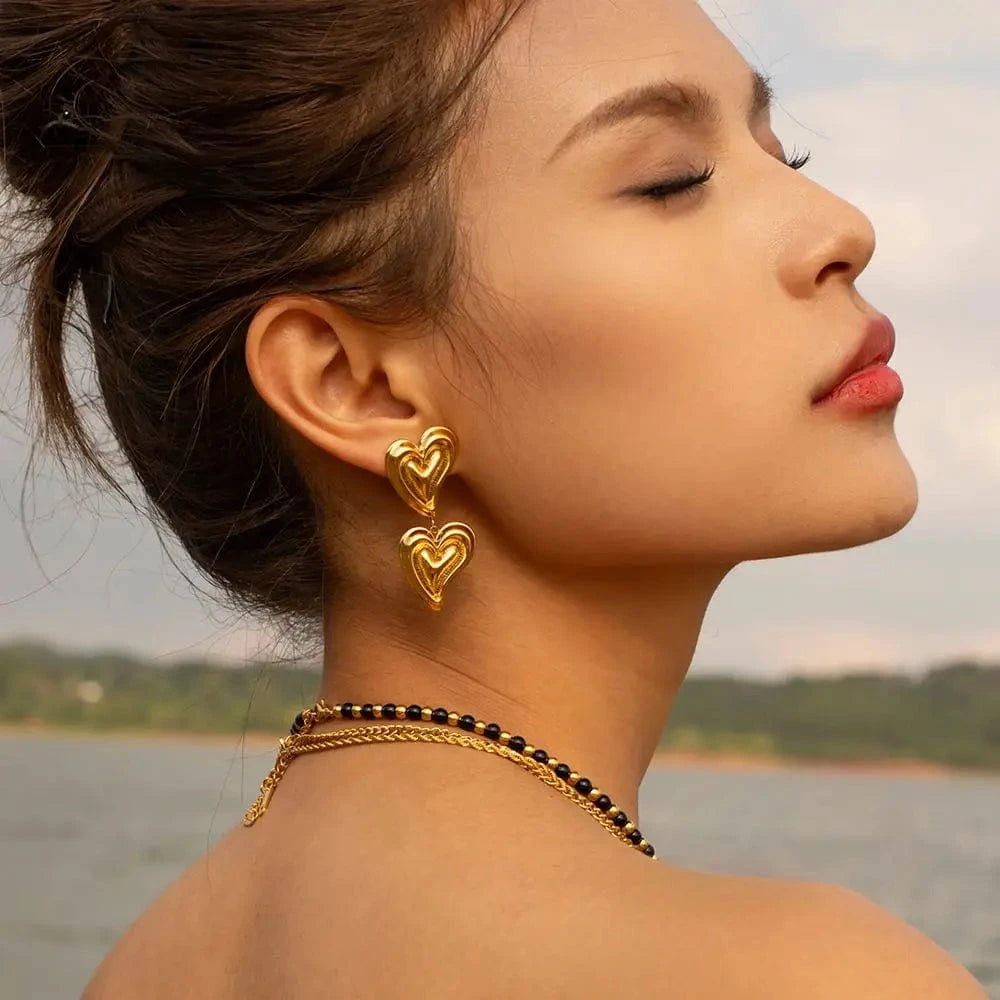 TRENDY / E1924 E1924 Jewelry  Hammer Double Hearts Fashionable Stainless Steel Earrings 18k PVD Gold Plated Pendant Earring