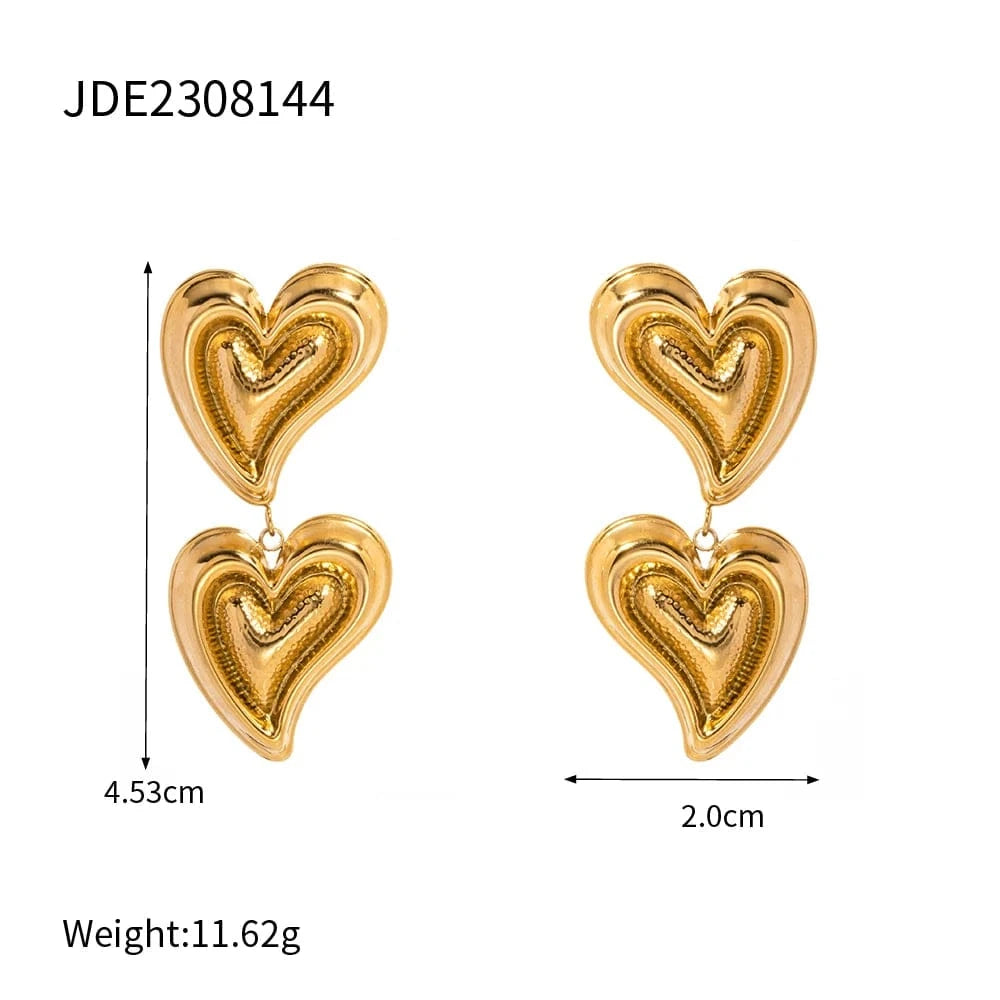 TRENDY / E1924 E1924 Jewelry  Hammer Double Hearts Fashionable Stainless Steel Earrings 18k PVD Gold Plated Pendant Earring