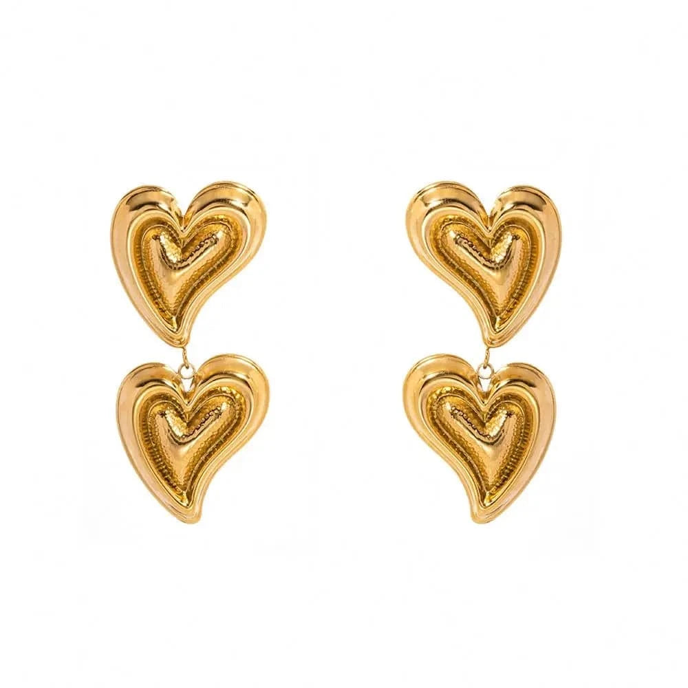 TRENDY / E1924 E1924 Jewelry  Hammer Double Hearts Fashionable Stainless Steel Earrings 18k PVD Gold Plated Pendant Earring