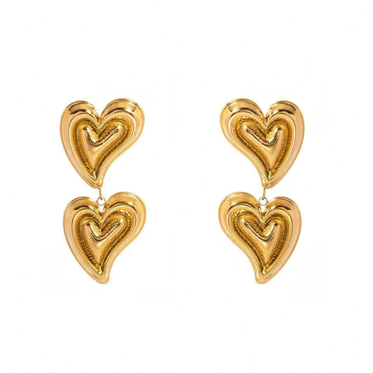 TRENDY / E1924 E1924 Jewelry  Hammer Double Hearts Fashionable Stainless Steel Earrings 18k PVD Gold Plated Pendant Earring