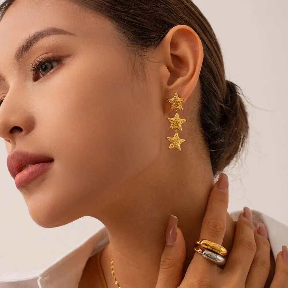 trendy / E2001 E2001 New Arrival 18K Gold Plated Texture Star Earrings Stainless Steel Bump Three Stars Drop Earring for Women