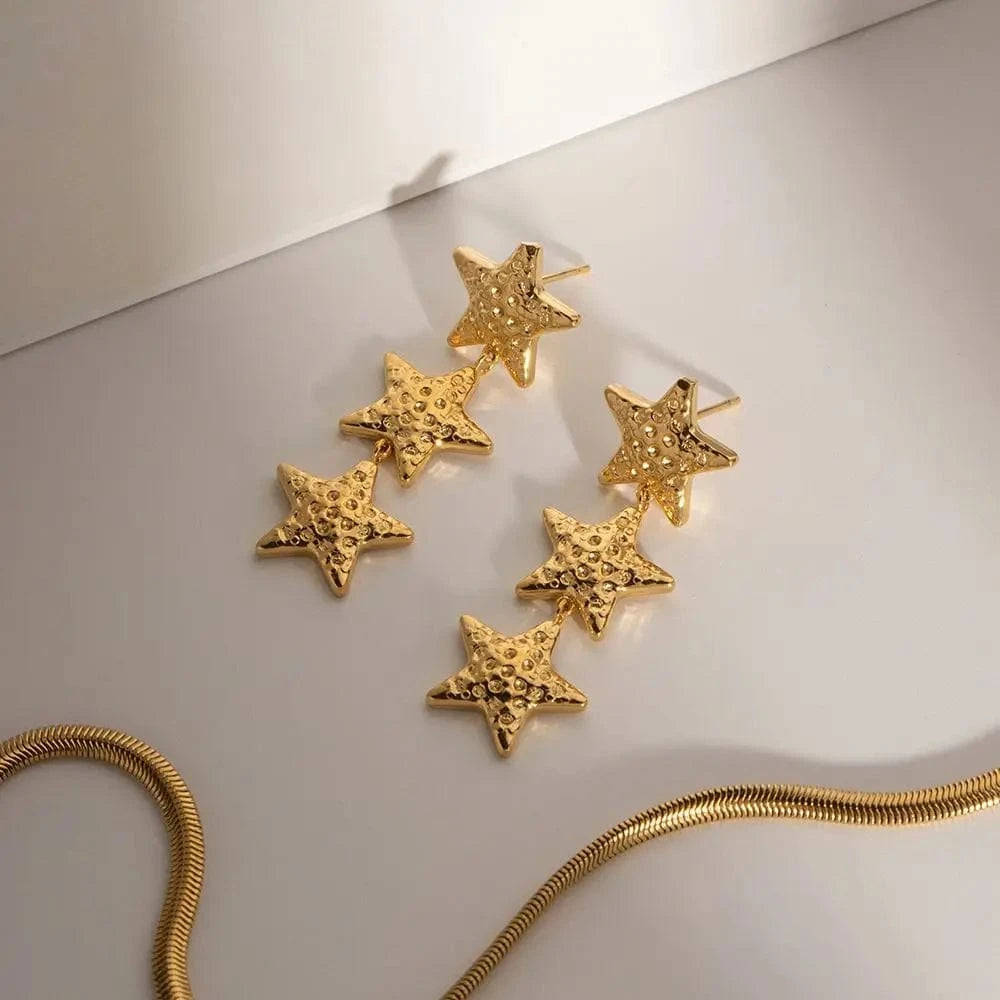 trendy / E2001 E2001 New Arrival 18K Gold Plated Texture Star Earrings Stainless Steel Bump Three Stars Drop Earring for Women