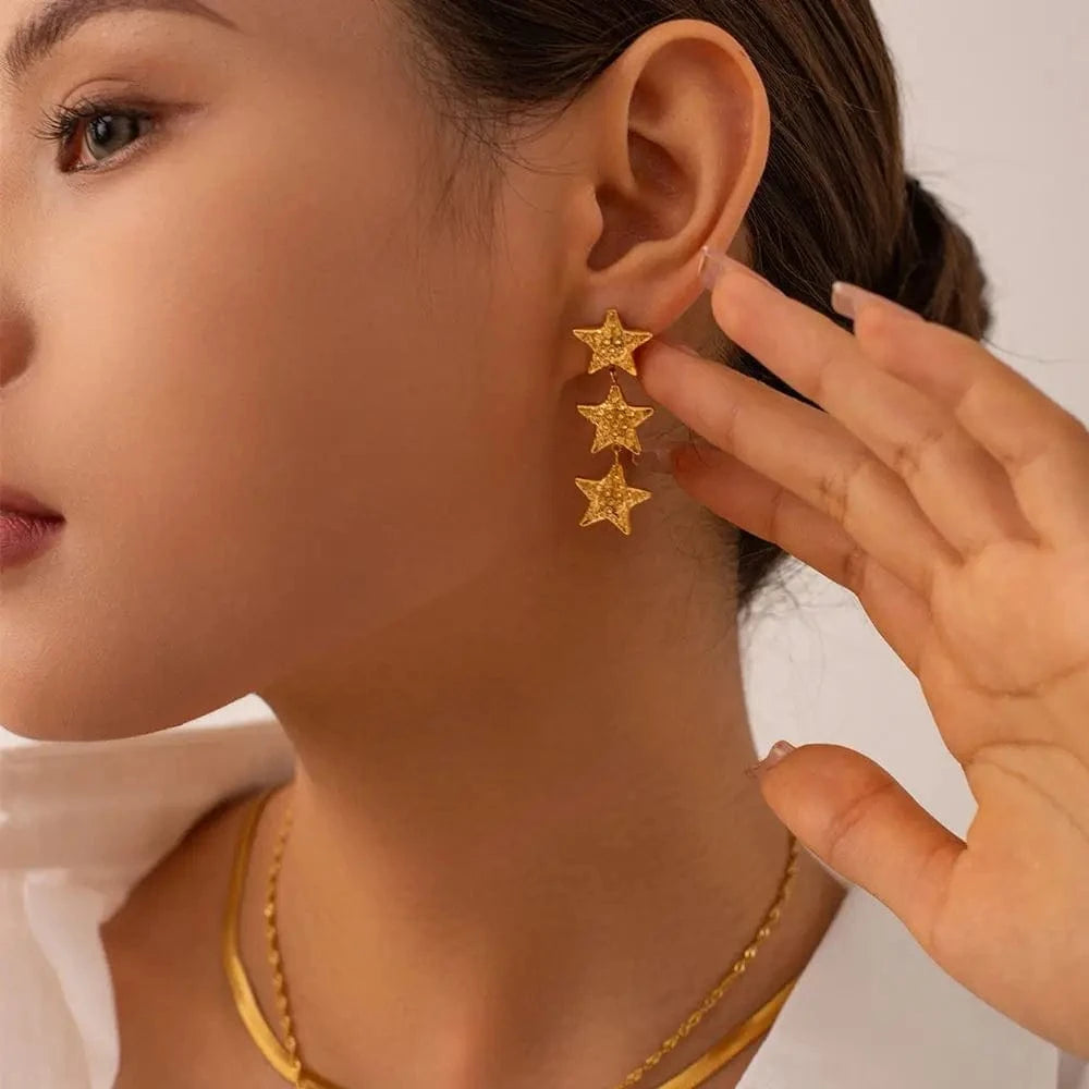 trendy / E2001 E2001 New Arrival 18K Gold Plated Texture Star Earrings Stainless Steel Bump Three Stars Drop Earring for Women