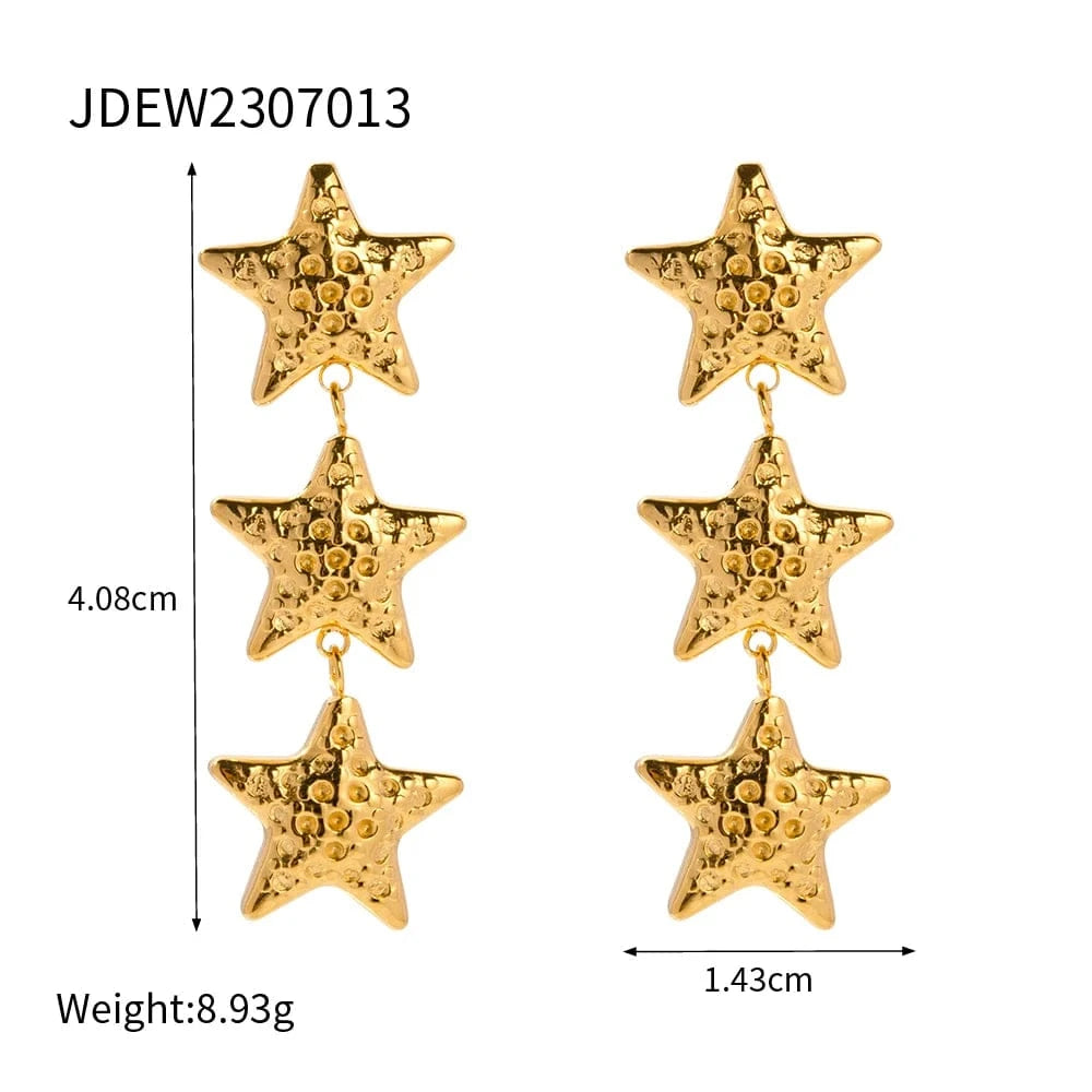 trendy / E2001 E2001 New Arrival 18K Gold Plated Texture Star Earrings Stainless Steel Bump Three Stars Drop Earring for Women