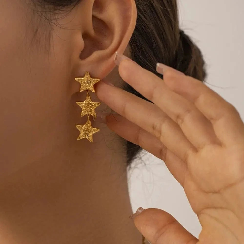 trendy / E2001 E2001 New Arrival 18K Gold Plated Texture Star Earrings Stainless Steel Bump Three Stars Drop Earring for Women