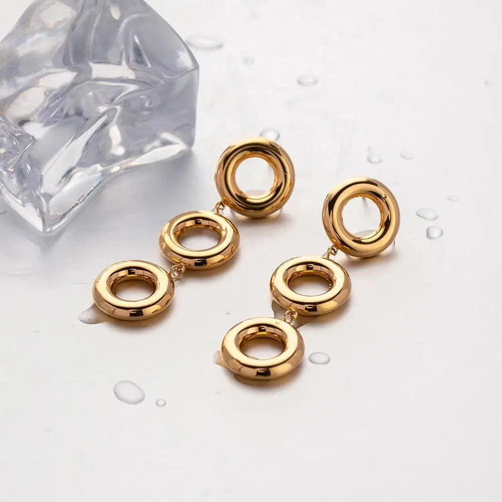 TRENDY / E2003 E2003 Three Chunky Hoops Pendant Earring Geometric 18K PVD Gold Plated Stainless Steel Metal Style Drop Earring For Women