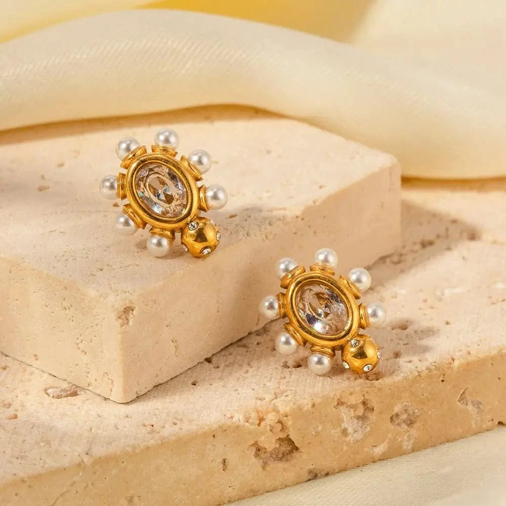 TRENDY / E2033 E2033 Clear Zircon Pearl Round Chic Stud Earring 18K PVD Gold Plated Stainless Steel Elegance Drop Earrings For Women