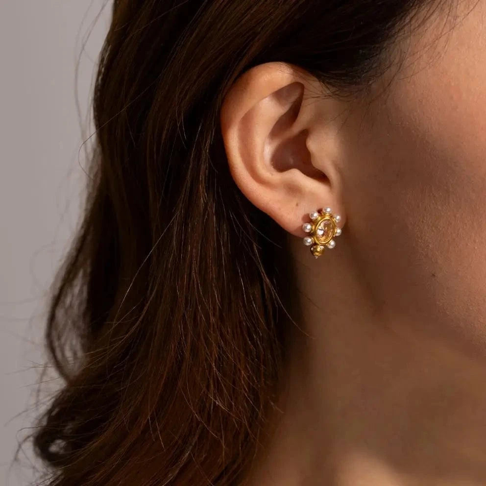 TRENDY / E2033 E2033 Clear Zircon Pearl Round Chic Stud Earring 18K PVD Gold Plated Stainless Steel Elegance Drop Earrings For Women