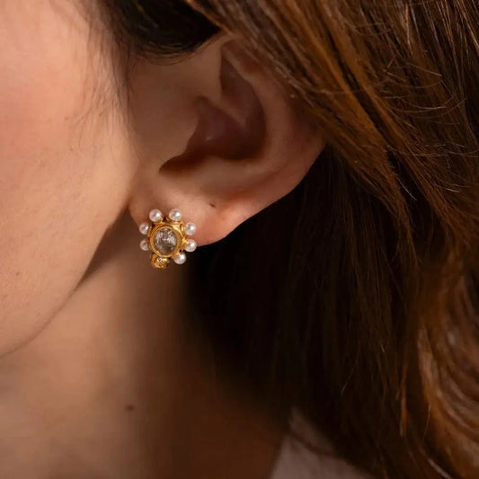 TRENDY / E2033 E2033 Clear Zircon Pearl Round Chic Stud Earring 18K PVD Gold Plated Stainless Steel Elegance Drop Earrings For Women